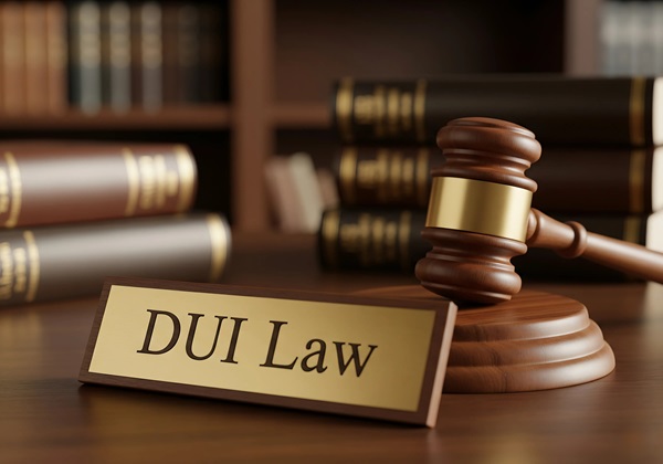A wooden gavel rests next to a gold nameplate engraved with the words "DUI Law," set on a wooden desk in front of stacked law books.