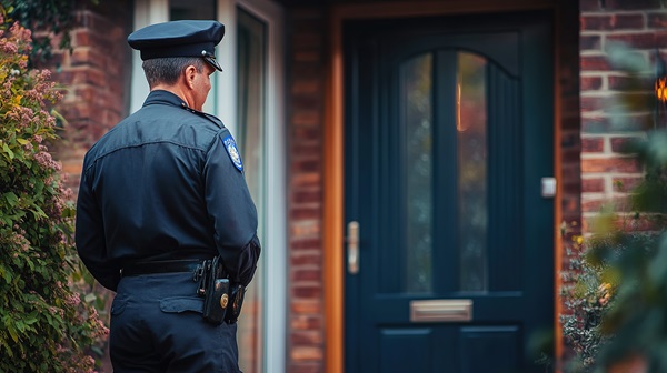 A police officer in a dark uniform and cap standing at a front door in Clay County, FL, appearing to knock or wait for a resident to answer.