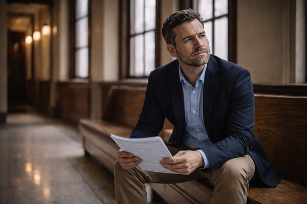 A man in professional attire sitting on a courtroom bench and looking thoughtfully into the distance while holding legal documents, representing a defendant considering their options for a pretrial diversion program in Clay County, Florida.