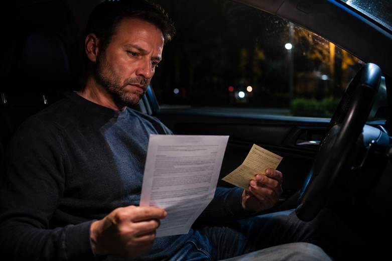 Man sitting in the driver's seat of a car at night reviewing a Florida DUI citation and driver's license suspension deadline notice document.