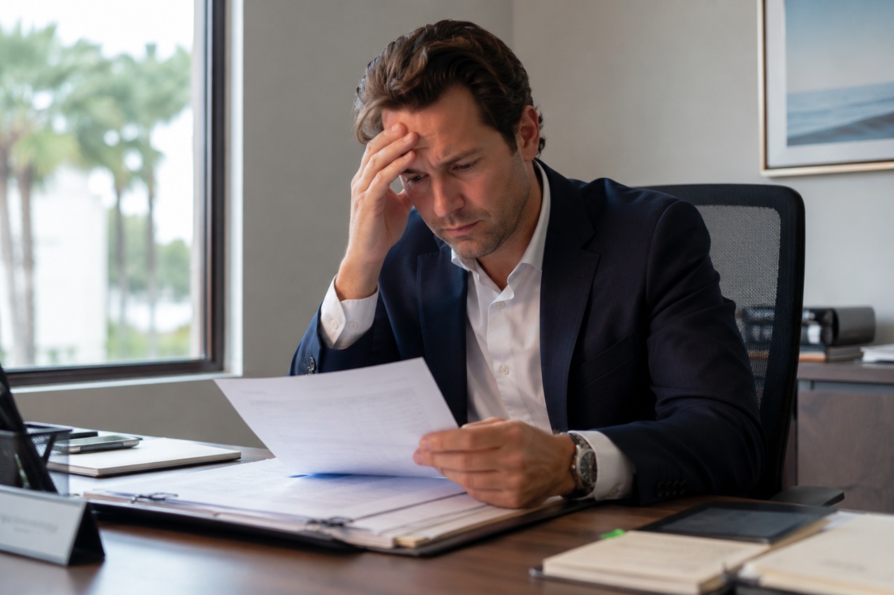 A professional man wearing a dark suit jacket and white collared shirt sits at an office desk, holding one hand to his forehead with a stressed expression as he reviews legal documents.