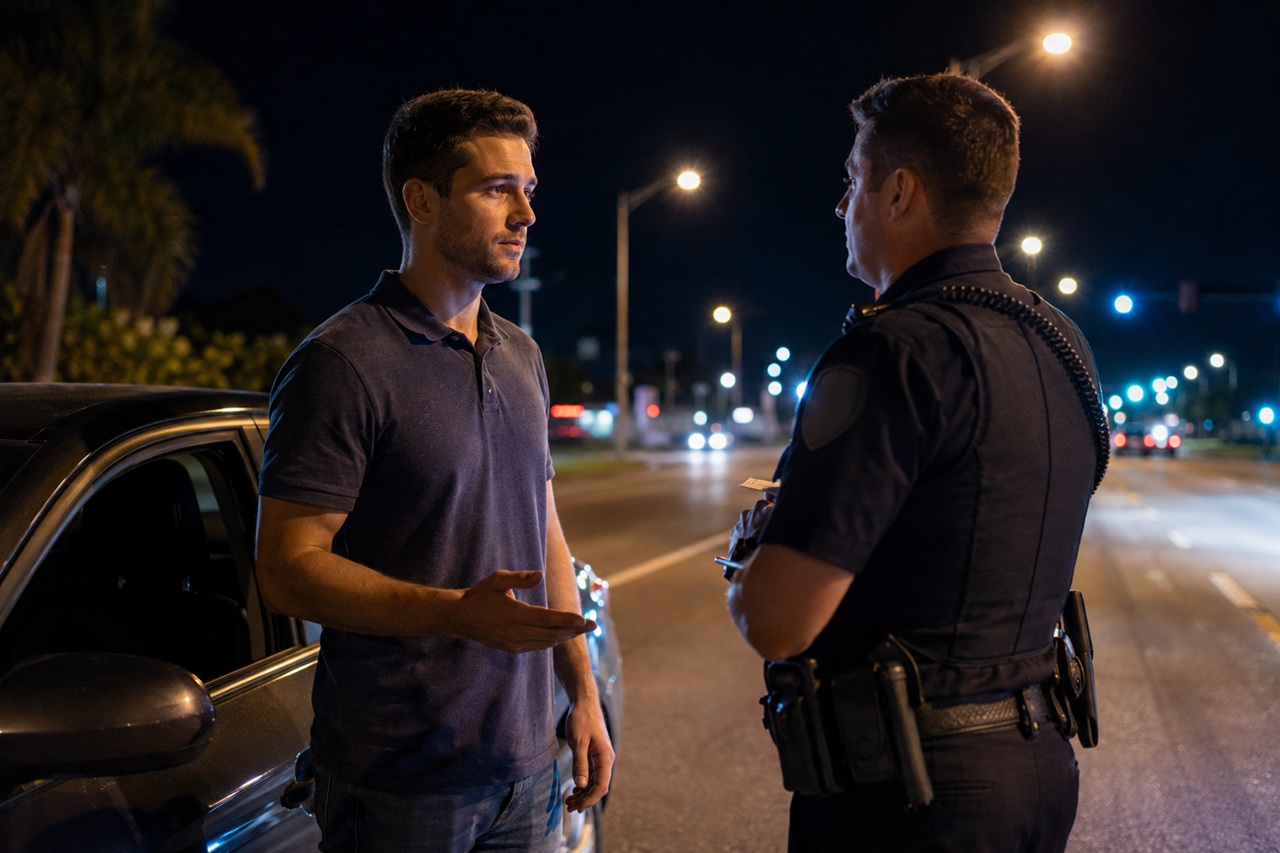 A young man being questioned by a police officer during a nighttime traffic stop in Florida, illustrating the situation a college student may face when charged with DUI.