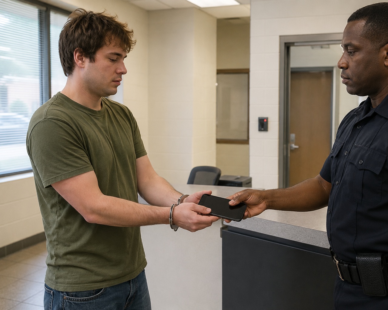 Police officer taking a smartphone from a handcuffed man in a brightly lit booking area.
